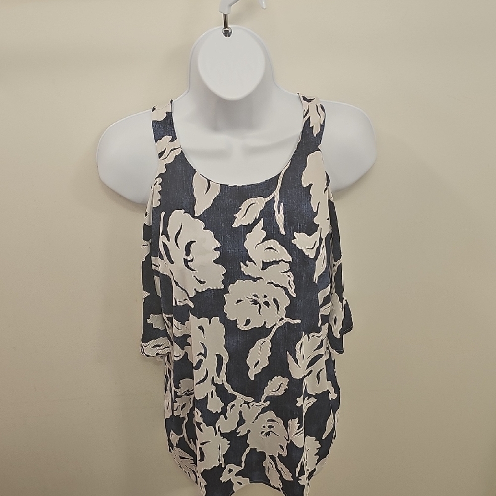 Floral Sleeveless Top - Blue and White